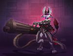  anthro avali fingers gaiawolfess gun hair holding_gun holding_object holding_weapon malakhael male open_mouth ranged_weapon standing teeth toes tongue weapon white_hair 