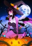  2020 anthro black_hair breasts clothed clothing detailed_background digital_media_(artwork) eyebrows eyelashes feathered_wings feathers female hair hi_res hybrid looking_at_viewer moon night nitricacid outside sky smile solo star starry_sky wings 