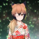  1girl animal_ears black_hair brown_eyes commentary_request floral_print flower fox_girl gradient gradient_background grey_kimono highres japanese_clothes kemono_friends kimono light_brown_hair long_hair looking_at_viewer multicolored_hair one_eye_closed ponytail print_kimono red_fox_(kemono_friends) solo yongdogi 