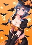 1girl bangs bat_background black_choker black_gloves black_headwear black_skirt blue_eyes blue_hair breasts choker cleavage commentary_request eyebrows_visible_through_hair gloves gotland_(kantai_collection) halloween hat highres kantai_collection large_breasts looking_at_viewer midriff mole mole_under_eye multicolored orange_background ruin_re_birth skirt solo starry_background witch_hat yellow_eyes 