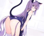  1girl ahoge animal_ear_fluff animal_ears ass bare_arms bare_shoulders bent_over blue_eyes blue_swimsuit breasts byulzzi cat_ears cat_girl cat_tail from_behind gloves jpeg_artifacts long_hair looking_at_viewer looking_back one-piece_swimsuit parted_lips paw_gloves paws purple_hair simple_background small_breasts solo swimsuit tail tail_raised thighhighs thighs torn_clothes torn_swimsuit unleashed veronju_caesar_(unleashed) very_long_hair white_background white_legwear 