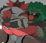  anthro bodily_fluids bulge butt clothed clothing hyaku_(artist) incineroar looking_at_another male male/male nintendo on_lap partially_clothed pok&eacute;mon pok&eacute;mon_(species) rillaboom sitting_on_bulge sitting_on_lap sweat video_games 
