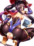  1girl anus ass back bangs bare_shoulders black_hair black_legwear blue_eyes breasts cum cumdrip genshin_impact hat high_heels highres leotard long_hair looking_at_viewer looking_back mage magukappu medium_breasts mona_(genshin_impact) nipples open_mouth pantyhose purple_headwear purple_leotard pussy simple_background squatting thighs torn_clothes torn_legwear twintails very_long_hair white_background witch_hat 