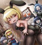  5girls alice_margatroid alternate_costume animal_ears arm_under_breasts ascot ass back bangs bare_shoulders black_bow black_eyes black_hair black_legwear black_leotard blonde_hair blue_dress blue_eyes blue_hair blush body_blush bow bowtie box breasts bunny_ears bunny_tail capelet clenched_hand closed_eyes closed_mouth commentary_request cookie_(touhou) covering covering_breasts covering_crotch cowboy_shot cup day detached_collar disgust dress dutch_angle embarrassed eyebrows_visible_through_hair eyes_visible_through_hair fake_animal_ears fake_tail fishnet_legwear fishnets flour_(cookie) frilled_ascot frilled_sash frills grey_hair grey_vest hair_between_eyes hairband hand_on_hip hand_on_table happy highres holding holding_tray ichigo_(cookie) indoors kirisame_marisa kumoi_ichirin kusaremix large_breasts leotard lolita_hairband long_hair long_sleeves looking_back medium_breasts milk_(cookie) mouse_ears multiple_girls murasa_minamitsu nazrin nyon_(cookie) open_mouth parted_bangs pink_hairband plant playboy_bunny red_eyes sash shaded_face shelf shiny shiny_hair shirt short_hair short_sleeves sparkle standing strapless strapless_leotard suzu_(cookie) sweatdrop table tail tearing_up thighhighs touhou tray triangle_mouth vest white_capelet white_shirt white_skin window wing_collar wrist_cuffs 