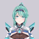  1girl bangs blush breasts chest_jewel earrings green_eyes green_hair grey_background highres jewelry large_breasts long_hair long_ponytail looking_at_viewer pneuma_(xenoblade) ponytail sarasadou_dan simple_background solo swept_bangs tiara upper_body xenoblade_chronicles_(series) xenoblade_chronicles_2 