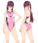  1girl :p ass_visible_through_thighs blue_eyes breasts contrapposto covered_navel covered_nipples groin_tendon hair_between_eyes hand_on_hip interface_headset long_hair looking_at_viewer makinami_mari_illustrious medium_breasts multiple_views neon_genesis_evangelion one-piece_swimsuit purple_hair purple_swimsuit rebuild_of_evangelion smile solo swimsuit tongue tongue_out watanabe_yasuaki white_background 