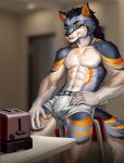  anthro boxer_briefs bulge canid canine canis clothed clothing fangs flaccid fur genitals hand_on_hip hi_res looking_at_viewer male mammal multicolored_body multicolored_fur penis pinup pose solo toaster underwear underwear_only variri wolf 