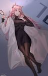  1girl absurdres animal_ears badge bathrobe black_legwear black_skirt blush breasts closed_mouth dated eyebrows_visible_through_hair finger_to_mouth girls_frontline highres long_hair looking_at_viewer medium_breasts no_shoes pantyhose persica_(girls_frontline) pink_hair red_eyes simple_background skirt solo swallow_zzy sweater turtleneck turtleneck_sweater 