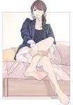  1girl adjusting_clothes adjusting_legwear bed brown_hair convenient_leg dressing expressionless feet full_body grey_eyes highres jacket jewelry kko_(um7mr) legs long_hair necklace no_shoes original pantyhose ponytail sheer_legwear sitting skirt solo tights_day toothbrush toothbrush_in_mouth 
