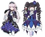  2girls aikatsu! aikatsu!_(series) black_hair bonnet braid celestia_ludenberck character_request cosplay crossover cup danganronpa danganronpa_1 drill_hair drinking_glass gothic_lolita highres holding kirigiri_kyouko lolita_fashion long_hair multiple_girls omochi_ksw purple_eyes purple_hair red_eyes side_braid twin_drills white_background wine_glass 