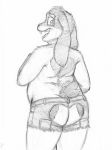  &lt;3 &lt;3_marking 2020 anthro bottomwear butt butt_heart cheesecake_(knothoorg) chubby_male clothing ears_down fur hi_res lagomorph lazzzy_drawings leporid long_ears looking_back male mammal monochrome open_mouth pivoted_ears rabbit short_tail shorts sketch solo teeth teeth_showing 