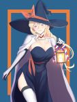  1girl alternate_costume black_dress black_headwear blonde_hair blue_background blue_eyes breasts candle cape cowboy_shot dress elbow_gloves gloves hair_between_eyes hat highres kantai_collection lantern large_breasts long_hair looking_at_viewer mole mole_under_eye mole_under_mouth multicolored multicolored_clothes multicolored_gloves richelieu_(kantai_collection) shingyou_(alexander-13) solo strapless strapless_dress thighhighs two-tone_gloves two-tone_legwear white_cape witch_hat 