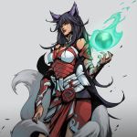  1girl ahri animal_ears black_hair breasts cleavage detached_sleeves energy_ball fingernails fox_ears fox_girl fox_tail gradient gradient_background large_breasts league_of_legends long_fingernails long_hair official_art promotional_art ruined_king:_a_league_of_legends_story tail whisker_markings 