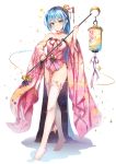  1girl absurdres bell blue_eyes blue_hair chinese_clothes chinese_commentary choker commentary_request crescent crescent_hair_ornament flower_choker full_body hair_ornament highres holding holding_rod holding_staff jingle_bell kanzashi knees lantern legs long_hair looking_at_viewer magic no_shoes original pink_clothes pink_ribbon pink_robe ribbon robe rod simple_background smile sola_(sola04) solo sparkle staff thighhighs tsurime very_long_hair white_background white_legwear wide_sleeves 