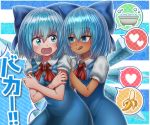  2girls annyui_(cookie) banana bangs bathtub blue_bow blue_dress blue_eyes blue_hair blush bow bubble cirno closed_mouth commentary_request cookie_(touhou) cowboy_shot crossed_arms dress dress_shirt empty_eyes eyebrows_visible_through_hair eyes_visible_through_hair food fruit hair_between_eyes hair_bow hands_on_another&#039;s_back heart highres ice ice_wings kurikinton_(cookie) kusaremix licking_lips looking_at_another looking_back multiple_girls nose_blush open_mouth pinafore_dress puffy_short_sleeves puffy_sleeves red_neckwear red_ribbon ribbon shiny shiny_hair shirt short_hair short_sleeves simple_background speech_bubble spoken_heart standing striped striped_background tanned_cirno tongue tongue_out touhou translation_request white_shirt wing_collar wings 