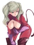  1girl black_mutou blonde_hair blush bodysuit boots breasts breasts_outside cleavage gloves green_eyes highres long_hair persona persona_5 pink_gloves red_bodysuit red_legwear simple_background solo tail takamaki_anne thigh_boots thighhighs twintails unzipped white_background 