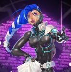  1girl aqua_nails blue_eyeshadow blue_hair bodysuit covered_navel cropped eyeshadow fingernails glitch hand_on_hip highres lipstick long_hair makeup multicolored multicolored_hair overwatch parted_lips ponytail purple_eyes purple_lips purple_lipstick skin_tight solo sombra_(overwatch) sunkilow white_hair 