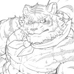  1:1 2020 abs anthro biceps bodily_fluids clothed clothing felid fur line_art male mammal monochrome muscular muscular_anthro muscular_male pang pantherine pecs scarf sdorica sdorica_sunset solo striped_body striped_fur stripes sweat tiger topless urakata5x 