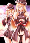  2girls :d bare_shoulders bismarck_(kantai_collection) black_gloves black_panties blonde_hair blue_eyes blush breasts closed_eyes commentary_request crossed_arms elbow_gloves gloves hat highres kantai_collection kentan_(kingtaiki) large_breasts long_hair medium_hair multiple_girls open_mouth panties peaked_cap prinz_eugen_(kantai_collection) smile striped striped_gloves thighhighs torn_clothes underboob underwear waving white_gloves 