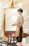  1boy apron artist_request black_hair black_pants blanket brown_eyes canvas_(object) highres klein_moretti looking_at_viewer looking_back lord_of_the_mysteries open_mouth paint paintbrush pants pants_rolled_up sculpture shirt short_hair sleeves_rolled_up teeth 