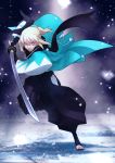  1girl apollo_hotori arm_guards black_scarf blonde_hair fate/grand_order fate_(series) fingerless_gloves full_body gloves hakama_pants haori japanese_clothes katana kimono looking_at_viewer okita_souji_(fate) okita_souji_(fate)_(all) scarf shinsengumi short_kimono sleeveless sleeveless_kimono solo standing standing_on_one_leg sword toeless_legwear weapon white_kimono wide_sleeves yellow_eyes 