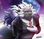  anthro black_body black_fur butler chuurow clothing cosmic_hair ethereal_hair felid fur hair hi_res lion live-a-hero male mammal muscular muscular_anthro muscular_male necktie pantherine pseudo_hair solo suit the_broker tusks white_hair 