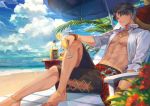  1boy abs alternate_costume bangs bartholomew_roberts_(fate/grand_order) beach black_hair blue_eyes chest clothing_cutout cross cross_necklace crossed_legs dark_skin dark_skinned_male fate/grand_order fate_(series) glass highres jewelry looking_at_viewer male_focus male_swimwear mashuu_(neko_no_oyashiro) multicolored_hair navel necklace open_clothes open_shirt purple_hair short_hair smile solo swim_trunks swimwear thigh_cutout toned toned_male wet 