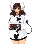  animal_humanoid animal_print big_breasts bovid bovid_humanoid bovine bovine_humanoid breasts brown_eyes brown_hair cattle_humanoid clothed clothing controller cow_print female hair hataraki_ari holding_controller holding_object horn humanoid long_hair mammal mammal_humanoid nintendo nintendo_switch smile solo tail_tuft tuft video_games 