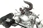  1boy abs armor arrow_(projectile) axe ballpoint_pen_(medium) bleeding blood broken_arrow broken_horn collarbone extra_eyes greyscale hatching_(texture) helmet holding holding_axe holding_weapon horns injury male_focus monochrome monster muscle original shirtless simple_background sister_plz solo traditional_media upper_body weapon white_background 
