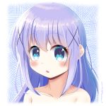  1girl 2020 bangs blue_eyes blush collarbone eyebrows_visible_through_hair gochuumon_wa_usagi_desu_ka? hair_between_eyes hair_ornament hanazono_y kafuu_chino long_hair looking_at_viewer nude open_mouth shiny shiny_hair silver_hair solo twitter_username x_hair_ornament 