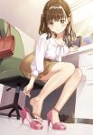  1girl bag blouse blush brown_eyes brown_hair chair collarbone desk eyebrows_visible_through_hair feet full_body hair_ornament handbag high_heels highres indoors legs loafers long_hair matsuzaki_miyuki monitor office_lady one_side_up original pantyhose sheer_legwear shoes sitting skirt smile solo tights_day 