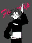  1boy cleavage_cutout clothing_cutout crop_top freckles greyscale groin jojo_no_kimyou_na_bouken long_hair male_focus midriff monochrome ribbed_sweater salute sempon_(doppio_note) solo sweater turtleneck two-finger_salute vinegar_doppio 