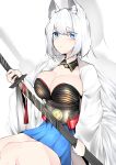  1girl animal_ear_fluff animal_ears azur_lane blue_eyes blue_skirt breasts cleavage detached_collar eyebrows_visible_through_hair fox_ears highres holding holding_sword holding_weapon kaga_(azur_lane) large_breasts looking_at_viewer medium_hair samip sheath sheathed skirt solo sword weapon white_hair wide_sleeves 