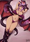  1girl arms_up artist_name batako1812 bikini breasts checkered checkered_bikini claws cleavage closed_mouth curvy dragon_girl dragon_wings extra_mouth huge_breasts jabberwock_(monster_girl_encyclopedia) looking_at_viewer lying monster_girl monster_girl_encyclopedia navel on_stomach purple_hair red_eyes smile solo swimsuit tail wide_hips wings 