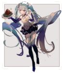  1girl :&gt; absurdly_long_hair aqua_hair bare_shoulders black_legwear black_skirt black_sleeves chinese_commentary chinese_food chopsticks cleavage_cutout clothing_cutout commentary detached_sleeves dish food food_art full_body gold_trim grey_background hair_ornament hands_up hatsune_miku hatsune_miku_(vocaloid4) hatsune_miku_(vocaloid4)_(chinese) heart heart_cutout holding holding_chopsticks holding_plate left-handed long_hair looking_at_viewer mamenomoto miniskirt pagoda plate pleated_skirt pork shirt skirt sleeveless sleeveless_shirt smile solo sparkle thighhighs twintails v-shaped_eyebrows very_long_hair vocaloid white_shirt zettai_ryouiki 