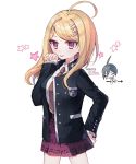  1boy 1girl ahoge akamatsu_kaede arrow_through_heart bangs beamed_eighth_notes black_jacket blonde_hair blush breasts commentary_request cosplay cowboy_shot dalrye_v3 danganronpa eighth_note hair_ornament hand_on_hip hand_up highres jacket long_hair long_sleeves looking_at_viewer musical_note musical_note_hair_ornament necktie new_danganronpa_v3 open_clothes open_jacket paw_pose pleated_skirt purple_eyes repost_notice saihara_shuuichi saihara_shuuichi_(cosplay) school_uniform shirt skirt smile solo_focus star_(symbol) striped_jacket tongue tongue_out twitter_username white_background white_shirt 