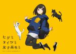  absurdres animal black_backpack black_cat blue_hoodie bow bowtie cat facial_hair hair_ornament hairband highres hood hoodie jumping looking_at_viewer mustache neck_belt pantyhose shoe_removed shoes short_hair simple_background skirt white_cat white_skirt yellow_background yellow_neckwear yomu_(sgt_epper) 
