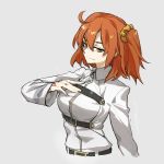  1girl ahoge blue_pupils chaldea_uniform closed_mouth command_spell eyebrows_visible_through_hair fate/grand_order fate_(series) fujimaru_ritsuka_(female) grey_background hair_between_eyes half-closed_eyes hand_tattoo highres lamian_(pixiv415608) medium_hair orange_eyes orange_hair ponytail scrunchie side_ponytail simple_background sketch sleeves_past_wrists smile solo tattoo yellow_scrunchie 