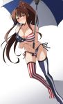 1girl american_flag_bikini asymmetrical_legwear bikini breasts brown_hair cherry_blossoms collarbone commentary_request flag_print flower full_body hair_flower hair_ornament highres kantai_collection large_breasts leaning_forward long_hair looking_at_viewer mismatched_legwear nel-c ponytail red_eyes side-tie_bikini simple_background solo standing striped striped_legwear swimsuit umbrella vertical-striped_legwear vertical_stripes white_background yamato_(kantai_collection) 