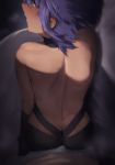  1girl ass back bare_back bare_shoulders black_choker black_gloves blush butt_crack buttjob choker commentary_request dark_skin elbow_gloves fate/grand_order fate_(series) fingerless_gloves from_behind gloves hassan_of_serenity_(fate) hekonda_kan highres looking_at_viewer looking_back parted_lips purple_eyes purple_hair solo sweat 