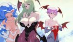  3girls 8bitgoblin8 absurdres animal_ears animal_print areola_slip areolae armband bare_shoulders bat_print black_eyes blue_hair blue_pupils blush breast_envy breasts bridal_gauntlets cat_ears claws cleavage closed_mouth clothing_cutout collarbone copyright_name crying demon_wings english_text felicia_(hyakuren) felicia_(vampire) fur_trim green_eyes green_hair hairband head_wings heart heart_cutout highres large_breasts long_hair low_wings medium_breasts morrigan_aensland multiple_girls navel parted_lips pink_hair red_eyes red_wings short_hair small_breasts smile tears vampire_(game) very_long_hair wings 