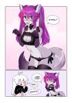  2018 anthro blush canid canine cat_lingerie clothing comic digital_media_(artwork) duo female fox fur grey_body grey_fur hair hi_res iwbitu legwear lingerie looking_at_viewer mammal marine nyopu_(iwbitu) pinniped purple_hair seal shaded simple_background speech_bubble syrth thigh_highs 