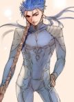  1boy armor blue_bodysuit blue_hair bodysuit cowboy_shot cu_chulainn_(fate)_(all) earrings fate/stay_night fate_(series) gae_bolg hair_strand hand_on_hip holding holding_spear holding_weapon jewelry jun_(ash) lancer long_hair looking_at_viewer male_focus pauldrons polearm ponytail red_eyes shoulder_armor smile solo spear weapon 