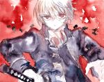  1boy ameranpu blonde_hair fingernails gintama hair_between_eyes hatching_(texture) highres holding holding_sword holding_weapon katana male_focus okita_sougo parted_lips red_background red_eyes sketch solo sword traditional_media upper_body watercolor_(medium) weapon 