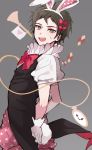  16_(0xhsk16) 1boy animal_ears arms_behind_back bangs bow brown_eyes brown_hair bunny_ears bunny_tail commentary_request danganronpa fake_animal_ears fake_tail from_side gloves grey_background hair_bow heart heart_print highres hinata_hajime looking_at_viewer male_focus open_mouth polka_dot polka_dot_bow red_bow short_hair short_sleeves solo super_danganronpa_2 sweatdrop tail upper_teeth 