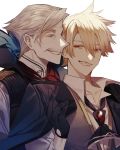  2boys absurdres albino_(a1b1n0623) arm_up bangs blonde_hair collarbone collared_shirt eyebrows_visible_through_hair facial_hair fate/grand_order fate/prototype fate/prototype:_fragments_of_blue_and_silver fate_(series) formal gloves gradient_hair grey_hair greyscale hair_between_eyes high_collar highres jacket jacket_on_shoulders james_moriarty_(fate/grand_order) jekyll_and_hyde_(fate) long_sleeves looking_at_another loose_necktie male_focus monochrome multicolored_hair multiple_boys mustache necktie no_eyewear open_clothes pointy_nose red_eyes shirt short_hair smile smirk suit untied vest white_background white_shirt 