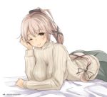 1girl alternate_breast_size alternate_costume black_skirt blush breasts commentary_request grey_eyes grey_sweater hair_flaps hair_ribbon head_tilt highres kantai_collection large_breasts long_hair looking_at_viewer lying on_stomach one_eye_closed pink_hair ponytail ribbed_sweater ribbon skirt solo sweater timato turtleneck turtleneck_sweater very_long_hair yura_(kantai_collection) 