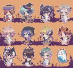  6+boys :d :o :t animal_ears aragami_ouga arurandis astel_leda black_hair blonde_hair blue_hair blush_stickers brown_hair chibi daidou_shinove eyepatch frankenstein full_body green_eyes green_hair grin hair_between_eyes halloween halloween_costume hanasaki_miyabi hat heterochromia highres holding holding_scythe holostars hood hood_up jackal_ears jiangshi jiangshi_costume jinra_(mkzk_116) kagami_kira kageyama_shien kanade_izuru kishido_temma light_brown_hair looking_at_viewer looking_to_the_side male_focus multicolored_hair multiple_boys open_mouth orange_eyes purple_eyes red_eyes red_hair rikka_(holostars) scythe short_hair silk sitting smile spider_web streaked_hair tongue tongue_out v-shaped_eyebrows vampire_costume virtual_youtuber white_hair witch_hat yukoku_roberu zombie 