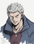  1boy blue_eyes collarbone devil_may_cry devil_may_cry_5 face grey_background grey_hair jewelry kinaco_mch light_blue_eyes male_focus necklace nero_(devil_may_cry) parted_lips simple_background sketch smile solo upper_body 