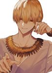  1boy absurdres albino_(a1b1n0623) alternate_costume alternate_hairstyle blonde_hair chest close-up collarbone fate/grand_order fate/stay_night fate/zero fate_(series) finger_to_face gilgamesh hair_between_eyes highres huge_filesize jewelry male_focus red_eyes short_hair smile solo white_background 